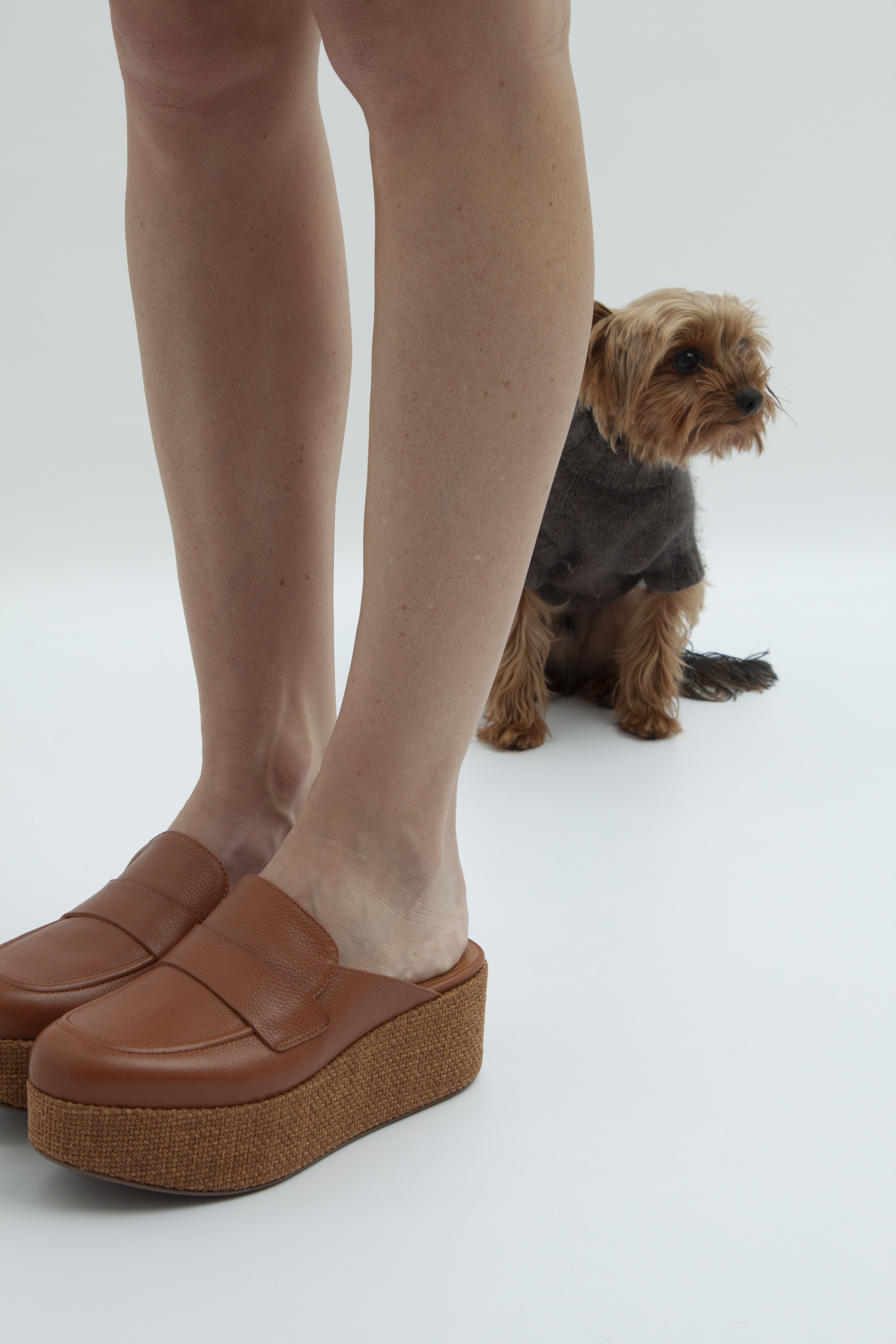 Мюли на платформе коричневая кожа, ткань, фото 2