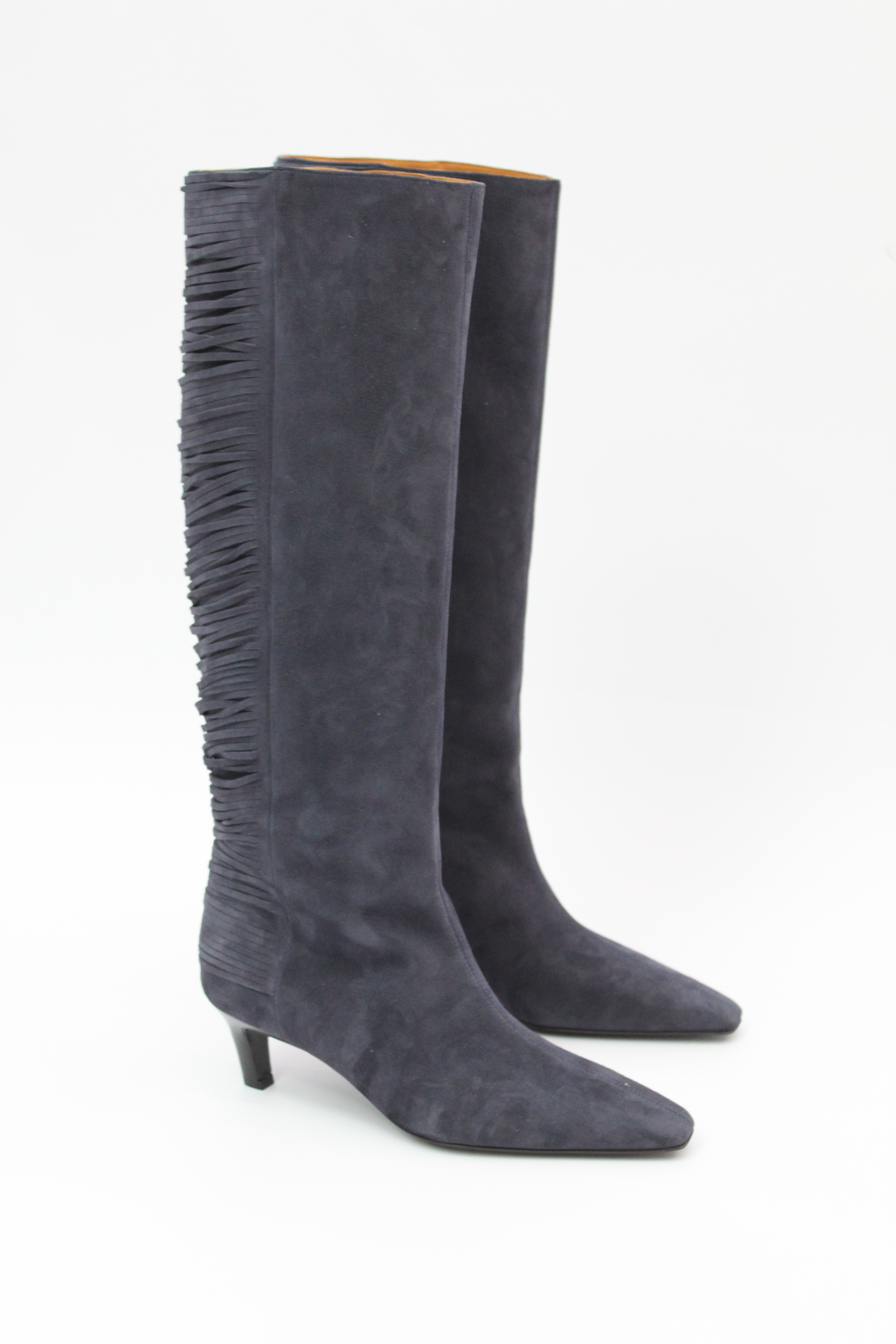 Сапоги на низком каблуке с бахромой по голенищу (сине-серая замша), фото 2